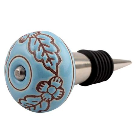 Turquoise Base Brown Leaf Flower Etched Ceramic Wine Stopper (Pack Of One Piece)
